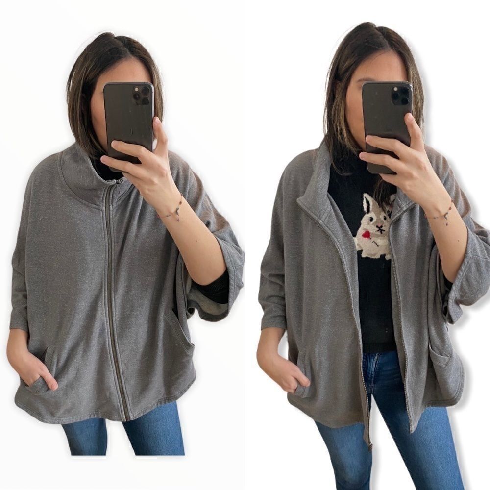 Grey Sweatshirt Zip Front Cape Shrug with Pockets